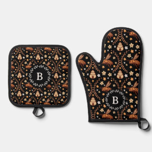 Dark Cottage Core Bees & Beehive Personalized Oven Mitt & Pot Holder Set
