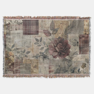 Dark Cottage Floral Patchwork -Burgundy & Charcoal Throw Blanket