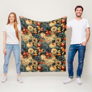 Dark Cottagecore Autumn Pumpkin Floral Fleece Blanket