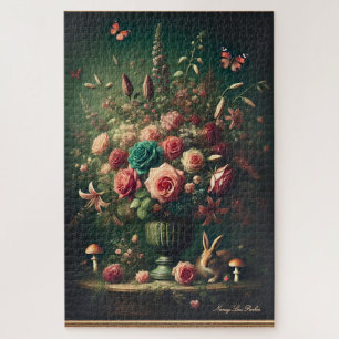 Dark Cottagecore Floral Bunny Mushroom Bouquet  Jigsaw Puzzle