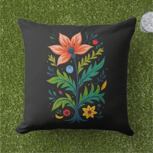 Dark Cottagecore Folk Art Floral Tree Botanical Outdoor Pillow