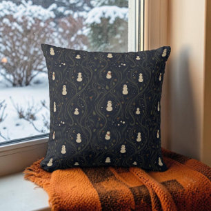 Dark Cottagecore Snowman Midnight Blue Christmas Throw Pillow