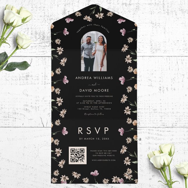 Dark Cream Wildflowers Arch photo QR Code Wedding All In One Invitation (Creator Uploaded)