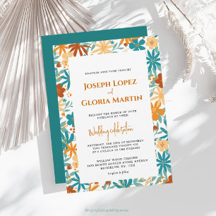 Dark Cyan Abstract Wildflower Bright Boho wedding Invitation