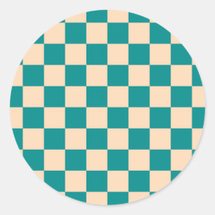 Dark Cyan and Soft Peach Chequerboard Classic Round Sticker
