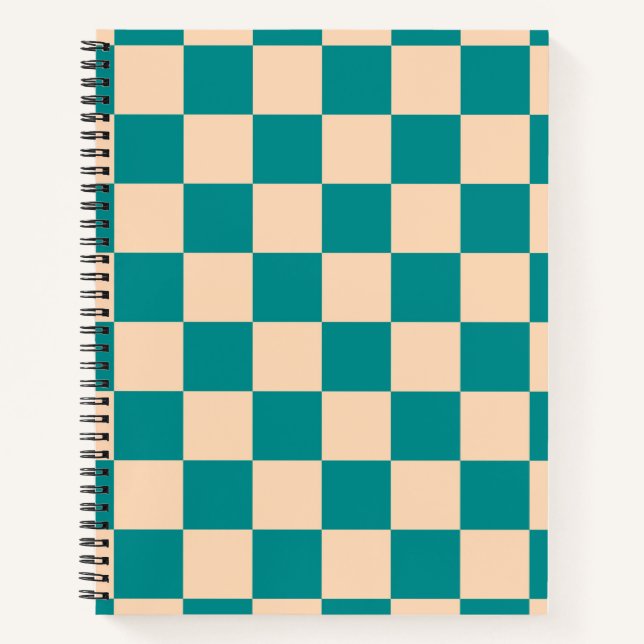 Dark Cyan and Soft Peach Chequerboard Notebook (Front)