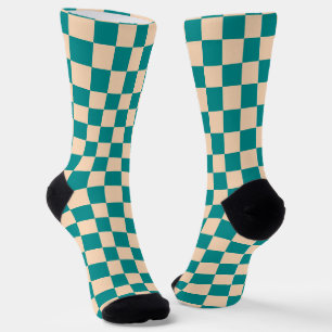 Dark Cyan and Soft Peach Chequerboard Socks