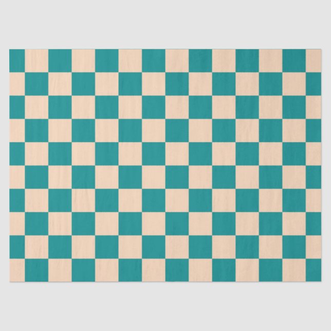 Dark Cyan and Soft Peach Chequerboard Tissue Paper (Front)
