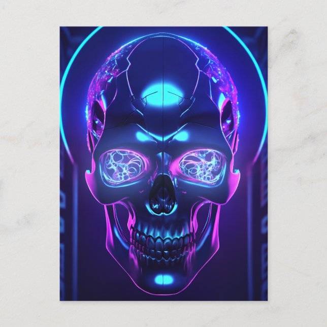 Dark Cyber Neon Obsidian Skull Postcard (Front)
