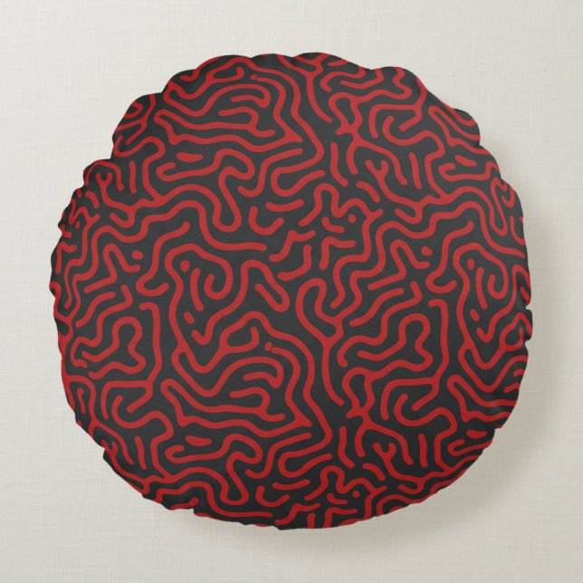 Dark Cyber Red Reaction Diffusion Organic Abstract Round Pillow (Front)
