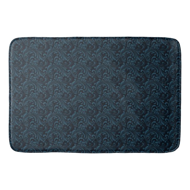 Dark Damask Blue Black Swirl Masculine Pattern Bath Mat (Front)