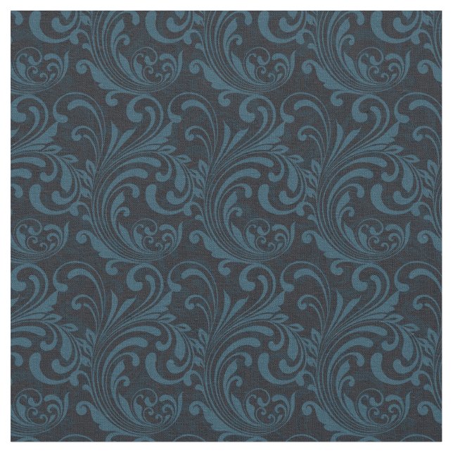 Dark Damask Blue Black Swirl Masculine Pattern Fabric (Close Up)