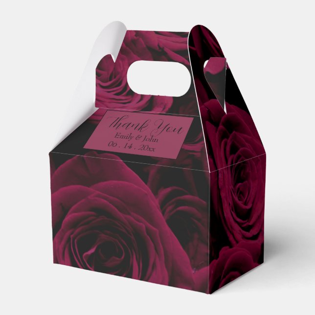 Dark deep red magenta burgundy roses  favor box (Front Side)