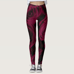 Dark deep red magenta burgundy roses leggings