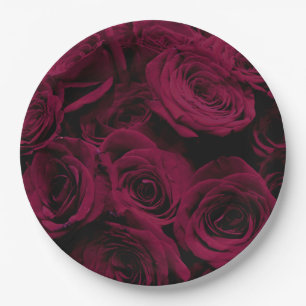 Dark deep red magenta burgundy roses paper plate