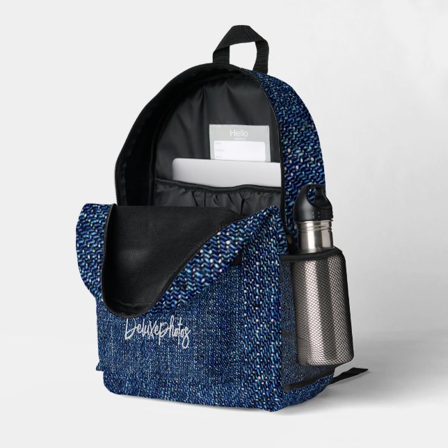 Dark Denim Printed Backpack (Back Corner Right (Open))