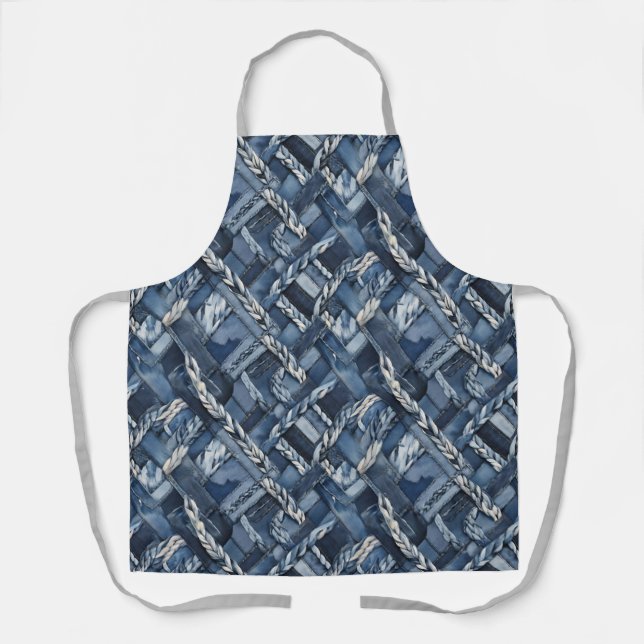 Dark Distressed Denim Patchwork And Braids Apron (Front)