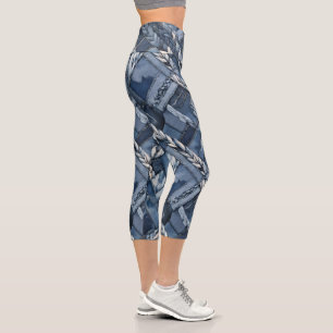 Dark Distressed Denim Patchwork And Braids Capri Leggings