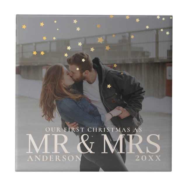 Dark Dusky Couple Photo with Stars for Christmas Tile (Front)