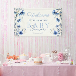 Dark & Dusty Blue Wildflowers Baby Shower Wecome Banner