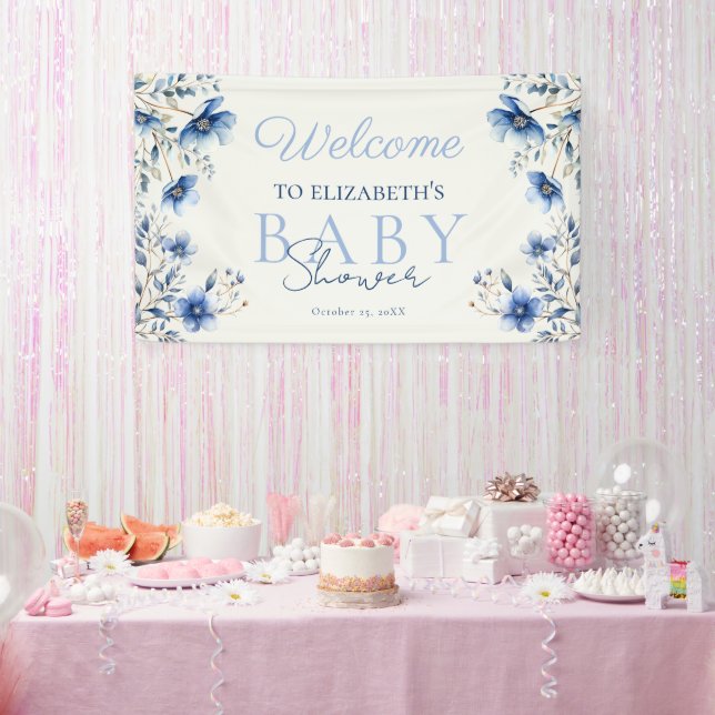 Dark & Dusty Blue Wildflowers Baby Shower Wecome Banner (Party)