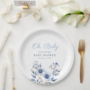 Dark & Dusty Blue Wildflowers Oh Baby  Baby Shower Paper Plate
