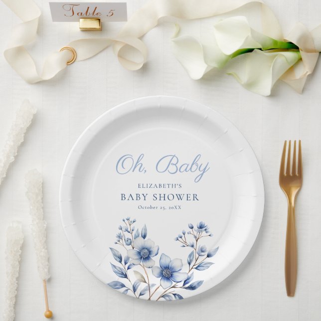 Dark & Dusty Blue Wildflowers Oh Baby  Baby Shower Paper Plate (Wedding)