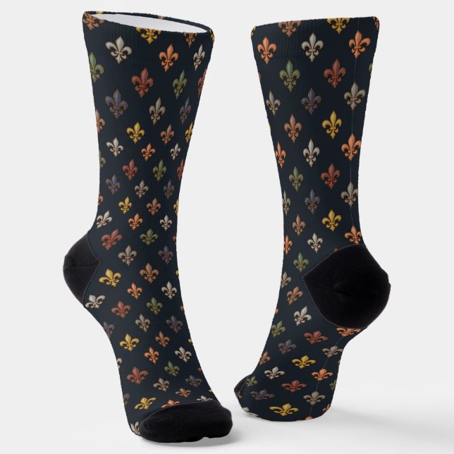 Dark Earth Woodlands Fleur-de-lis Design  Socks (Angled)