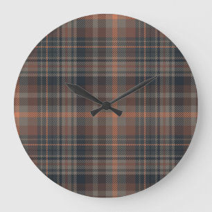 Dark Earth Woodlands Plaid Tartan   Large Clock