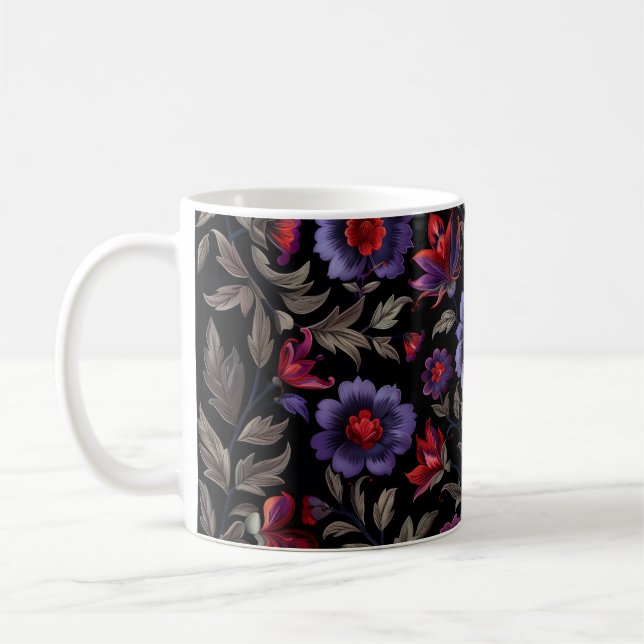 Dark Elegance: Black and Purple Floral Pattern  Coffee Mug (Left)