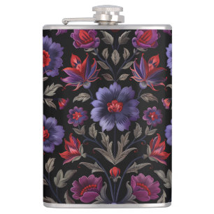 Dark Elegance: Black and Purple Floral Pattern  Hip Flask