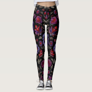 Dark Elegance: Black and Purple Floral Pattern  Leggings