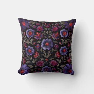 Dark Elegance: Black and Purple Floral Pattern Throw Pillow