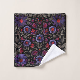 Dark Elegance: Black and Purple Floral Pattern Wash Cloth