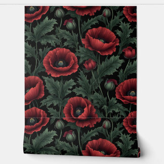 Dark Elegance: Crimson Poppies and Verdant Leaves  Wallpaper