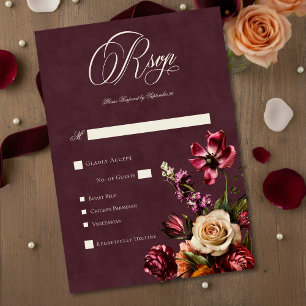 Dark Elegant Autumn Floral Burgundy Wedding Dinner RSVP Card