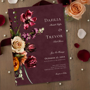 Dark Elegant Autumn Floral Burgundy Wedding Invitation