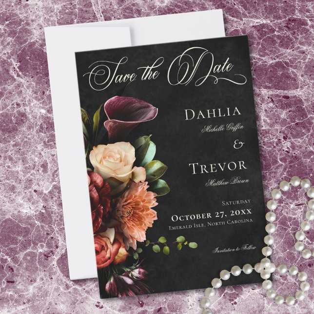 Dark Elegant Autumn Floral Wedding Save The Date (Dark Elegant Autumn Floral Wedding Save The Date)