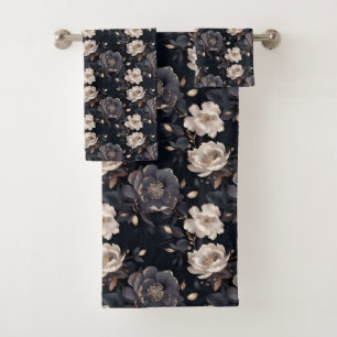 Dark Elegant Black And Cream Peony Floral Vintage  Bath Towel Set