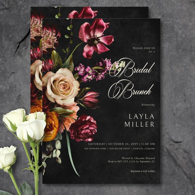 Dark Elegant Black Autumn Floral Bridal Brunch Invitation (Dark Elegant Black Autumn Floral Bridal Brunch Invitation)