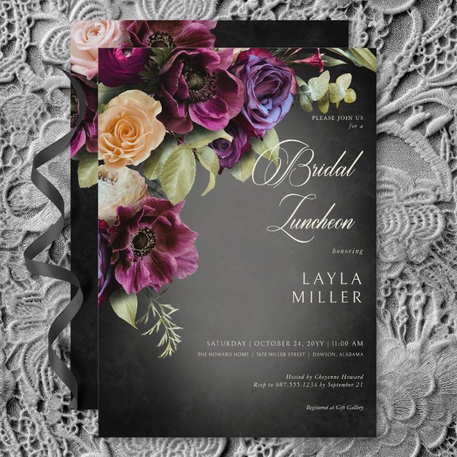 Dark Elegant Black Blur Floral Bridal Luncheon Invitation (Dark Elegant Black Blur Floral Bridal Luncheon Invitation)