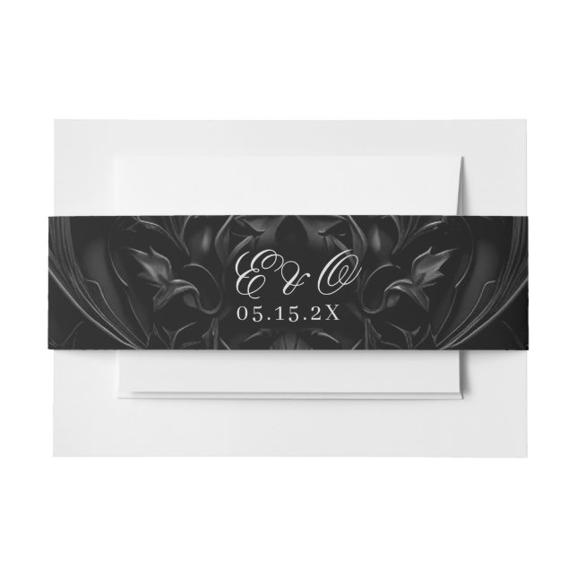 Dark Elegant Black Gothic Damask Moody Wedding Invitation Belly Band (Front Example)