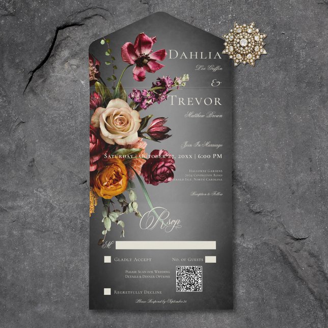 Dark Elegant Blur Autumn Floral Wedding QR Code All In One Invitation (Creator Uploaded)
