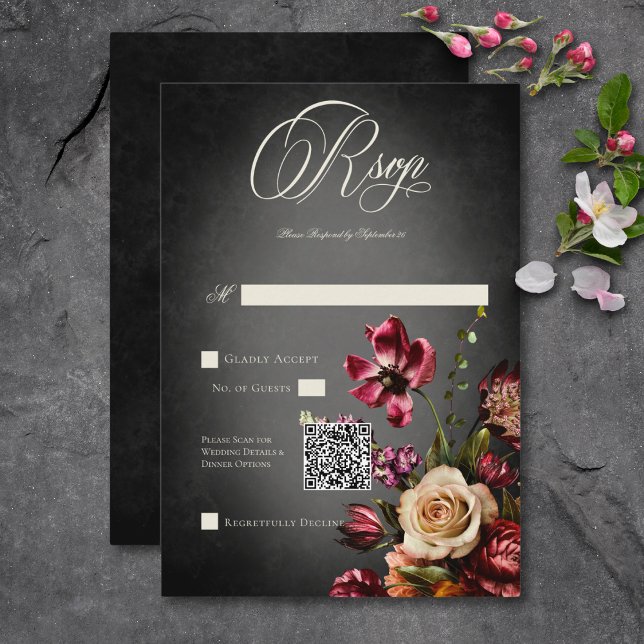 Dark Elegant Blur Autumn Floral Wedding QR Code RSVP Card (Dark Elegant Blur Autumn Floral Wedding QR Code RSVP Card)