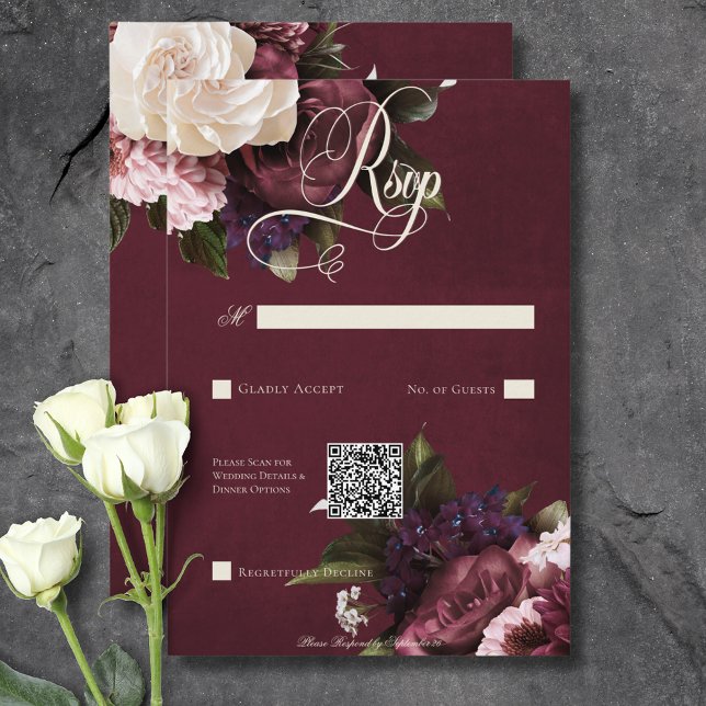 Dark Elegant Burgundy & Cream Floral QR Code RSVP Card (Dark Elegant Burgundy & Cream Floral QR Code RSVP Card)
