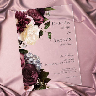 Dark Elegant Burgundy & Cream Floral Wedding Acrylic Invitations
