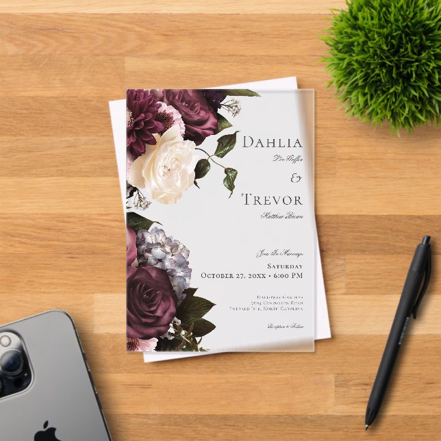 Dark Elegant Burgundy & Cream Floral Wedding Acrylic Invitations (Insitu (Invitation Card))