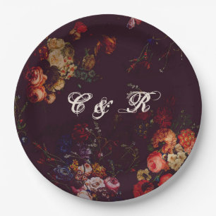 Dark Elegant Burgundy Moody Floral Name Intitials Paper Plate