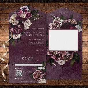 Dark Elegant Burgundy & White Floral QR Code All In One Invitation