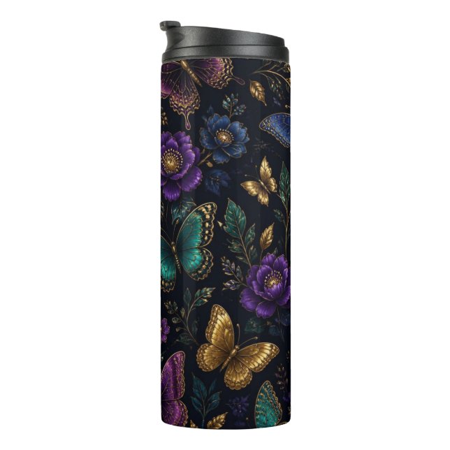 Dark Elegant Butterfly Pattern Thermal Tumbler (Rotated Right)